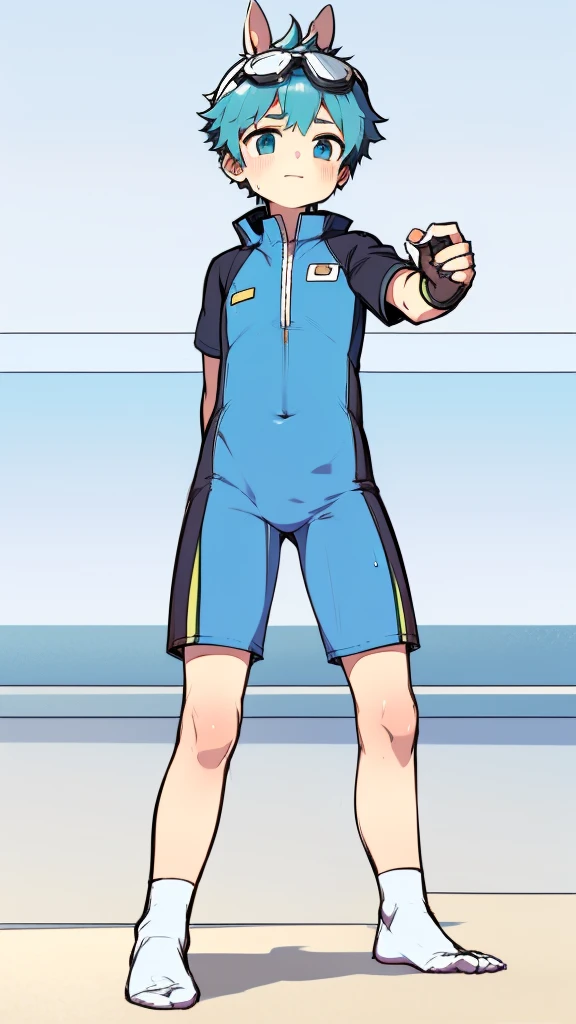 穿着蓝色潜水服和Goggles在海滩上, Skinny light blue neoprene suit, Cute boy in clothes, is wearing a swimsuit, light blue skin, Diving suit, Tights, wet swimsuit, yanjun chengt, swimsuit, young swimsuit model, sparky swimsuit, Smooth blue skin, lycra clothing, closed swimsuit,((A young boy)),(Youthful feeling),One-piece mountaineering suit,Slender figure,Healthy limbs,Goggles,Fingerless gloves,Cotton socks,Short sleeve,stand up,happy,Rabbit ears,Rabbit Tail