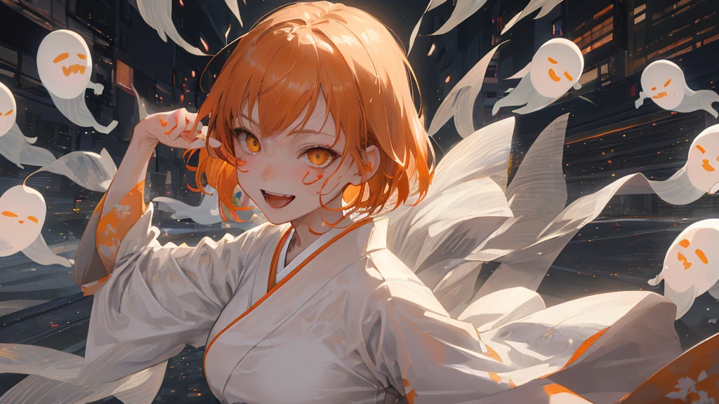 A cool adult woman wearing a white kimono、1 person、Hundreds of ghosts appear at night、Horror、Orange brown short hair、Yellow Eyes、Gloss、Gloss、Fight、A cheerful smile、Shibuya Background、Glare、won&#39;Do not touch、Bold Pose