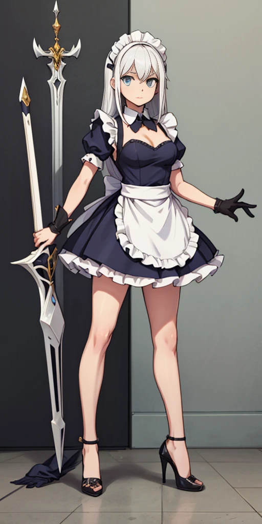 Female, standing, straight, long_hair, messy_hair, white_hair, maid with armor, metal high heels