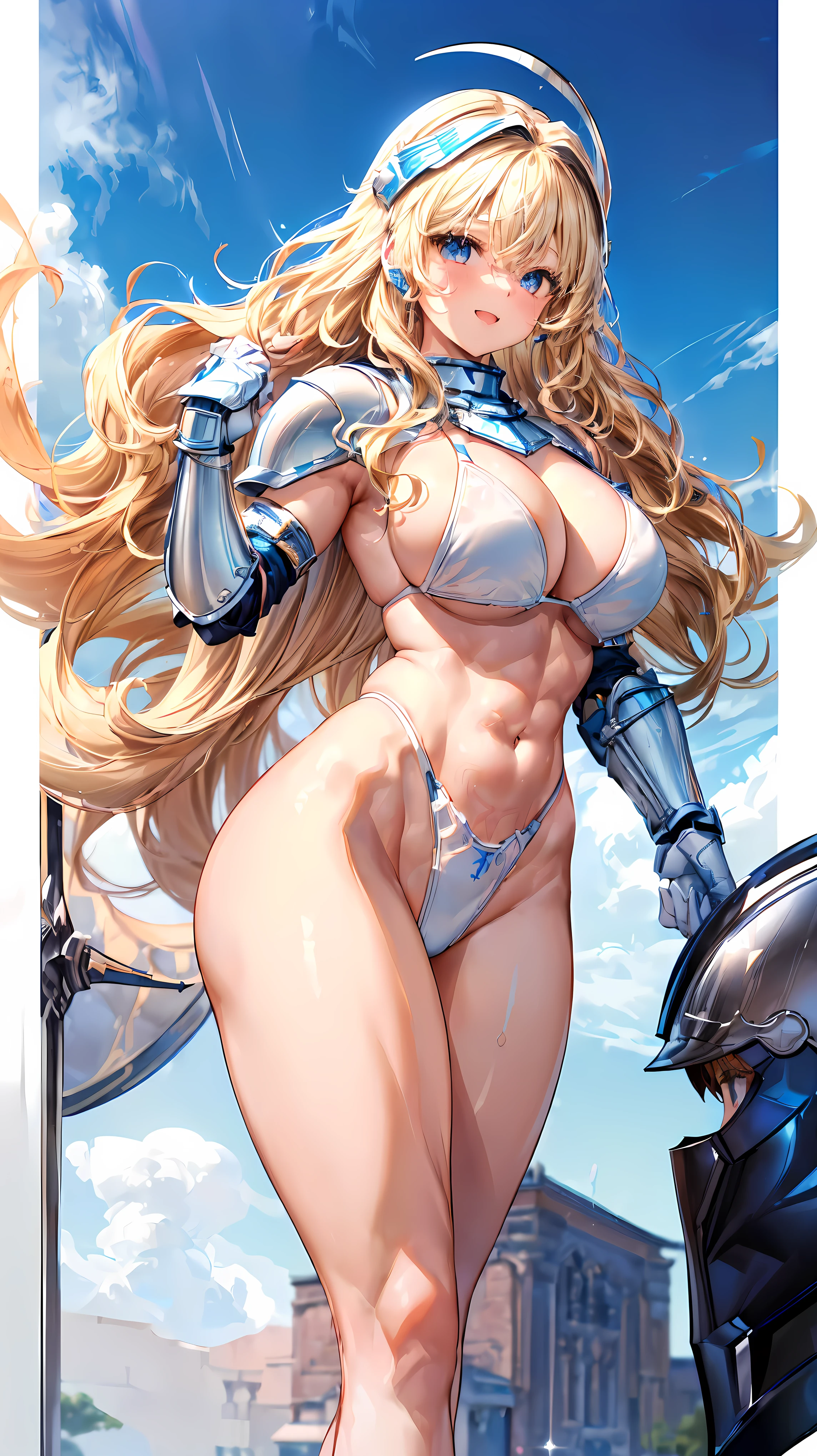 (Adult female:1.5)、Very detailed、highest quality、Best image quality、masterpiece、8k、Anime Face、A kind smile、(Open your mouth:1.3)、Sparkling blue eyes、(Blonde Wavy Hair:1.5)、Muscles of the whole body、(highleg:1.5)、Thigh belt、(Wearing white bikini armor:1.5)、(Cowboy Shot:1.5)、(foot armor:1.5)、(Put on a helmet:1.5)、(SFW Giant:1.3)