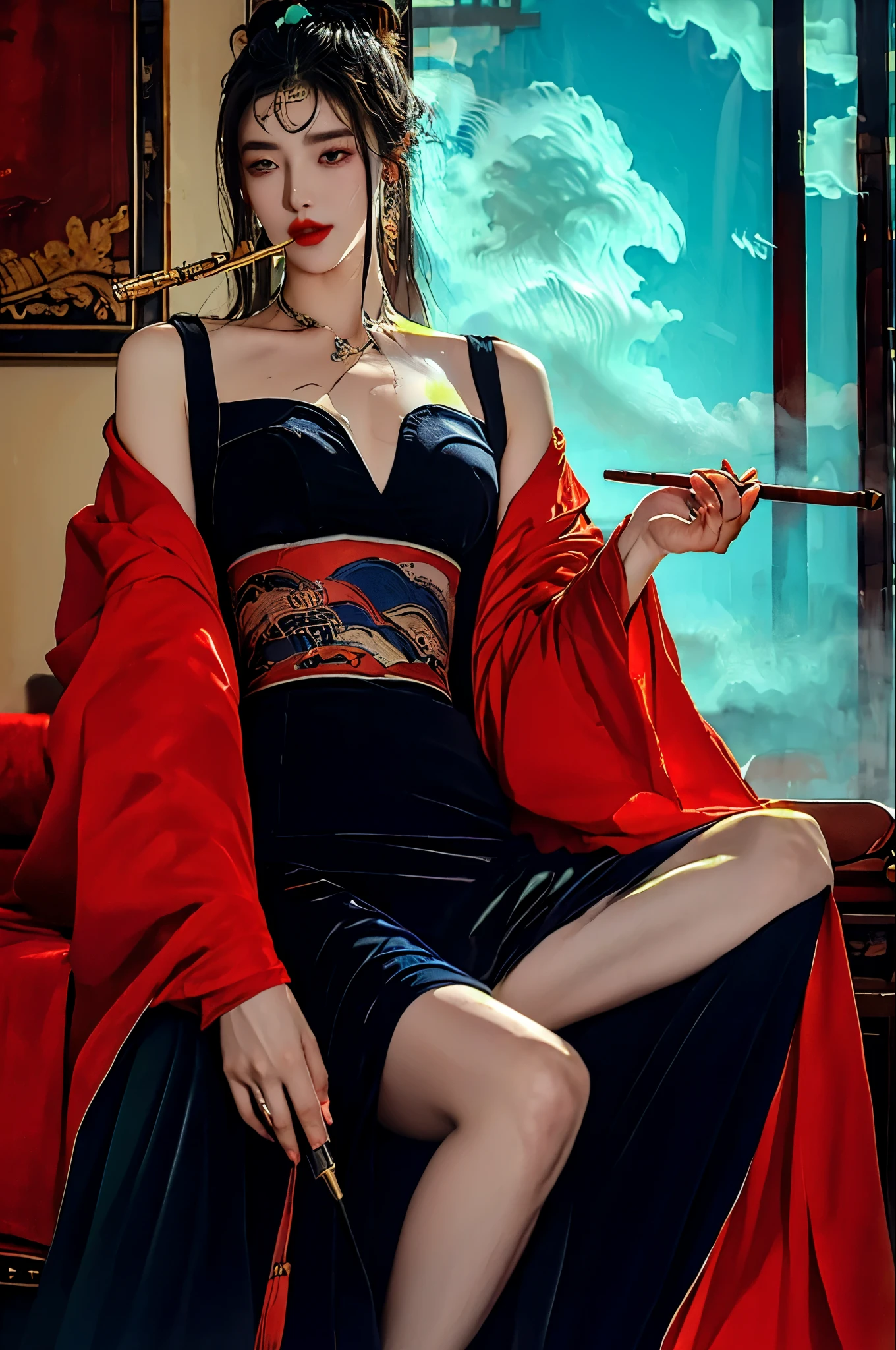 (masterpiece, top quality, best quality, official art, beautiful and aesthetic:1.2),sleek,dark,highly detailed,
xuer tobacco pipe,tobacco pipe,A mature face,(cold attitude,eyeshadow,eyeliner:0.9),(red lips:1.2),watery eyes,