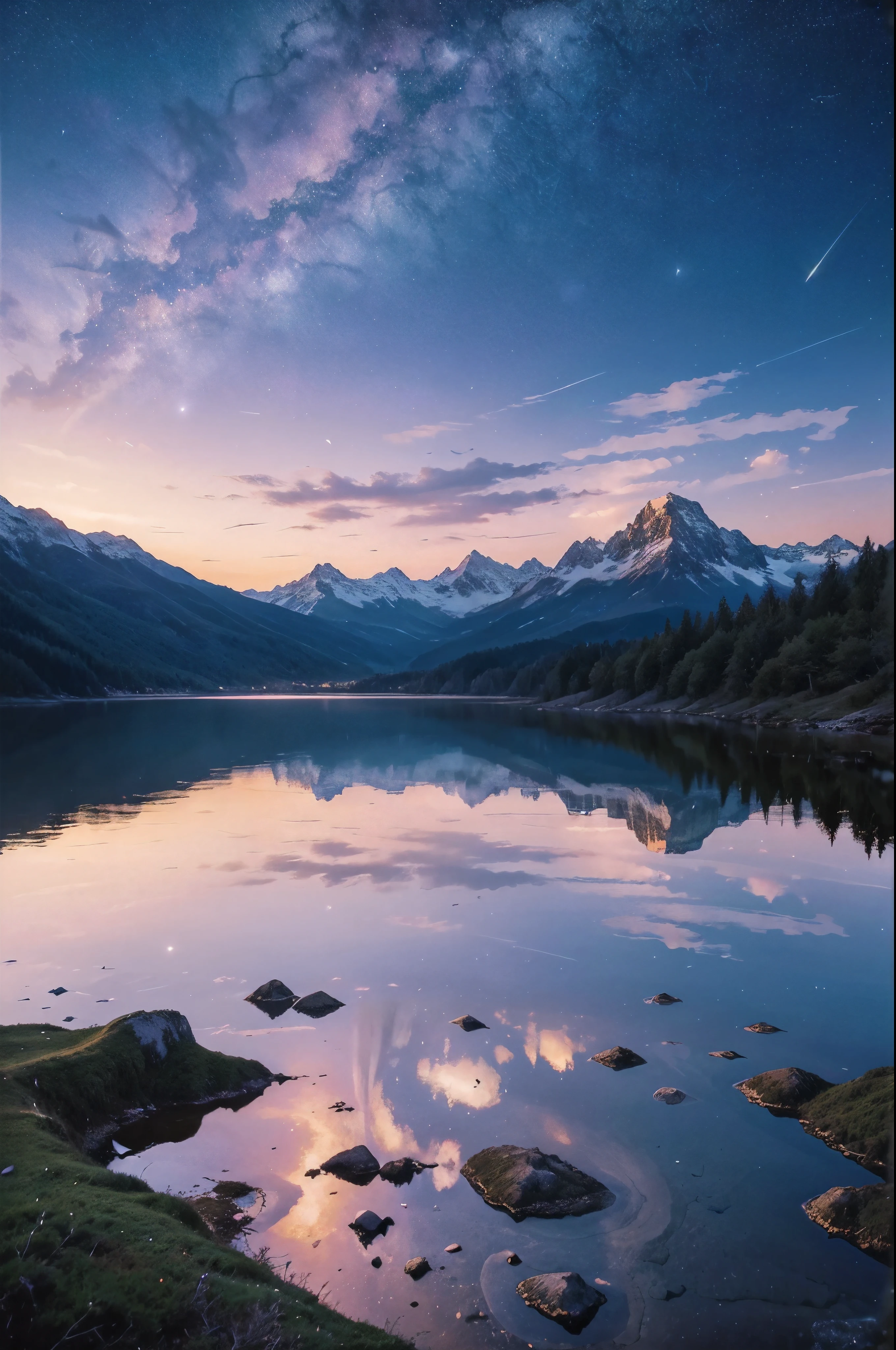 Beautiful view, The best scenery, ocean, starry sky, cloud, moon, nighttime, star light, reflection, star, mountain, forest, Realistic 1:2, mountain range, bird, tranquil landscape, Quiet view, purple sky