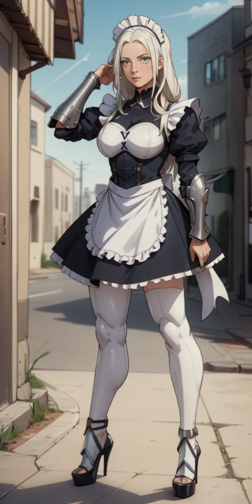 Female, standing, straight, long_hair, messy_hair, white_hair, maid with armor, metal high heels
