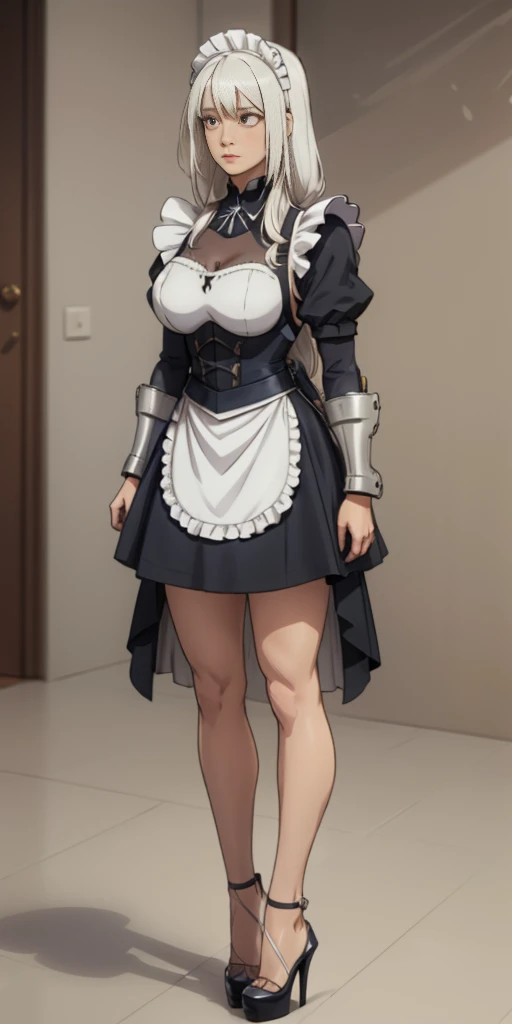 Female, standing, straight, long_hair, messy_hair, white_hair, maid with armor, metal high heels
