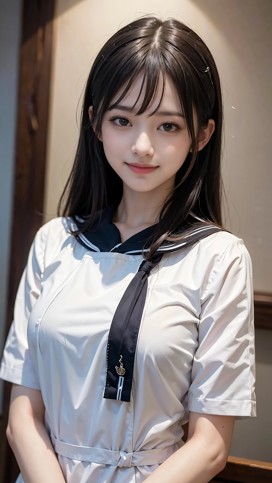 ((highest quality、Masterpiece、High resolution))、(((Zoom photo of upper body)))、One woman、A shy smile、、Large Breasts、Sailor suit、Black Hair、Trimmed bangs、Straight Hair