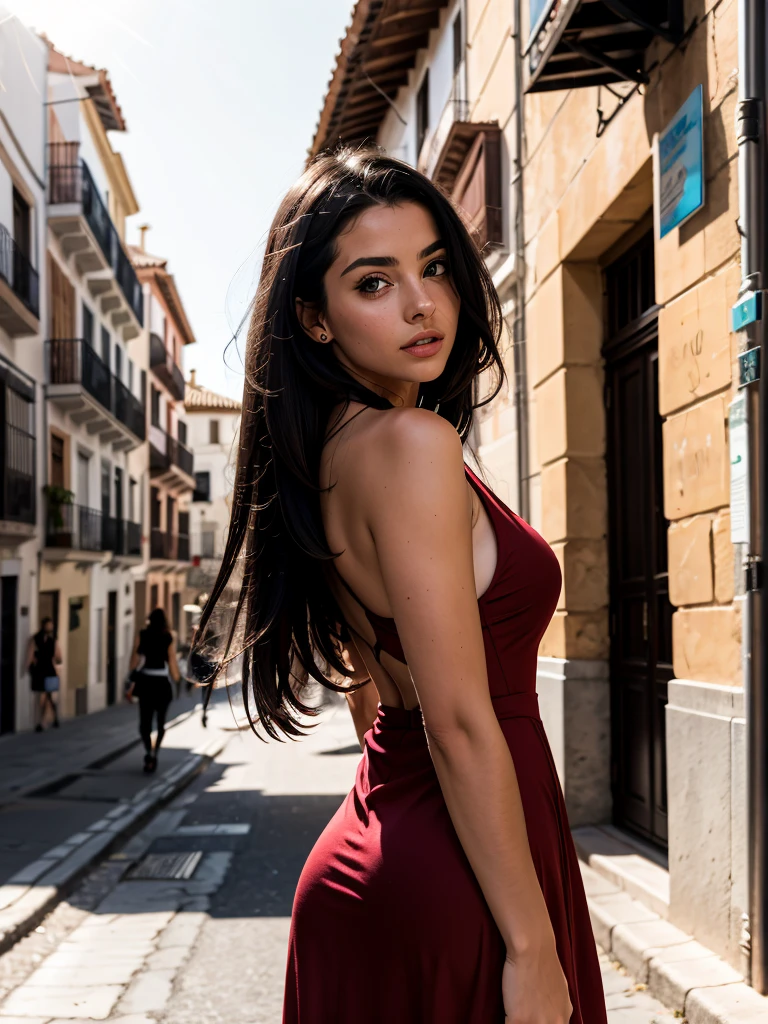 raw photo, fashion photo of a young Spanish woman, long black hair, red dress, deep neckline, on the streets of Spain, sunlight passing through the hair, cinematic photo,