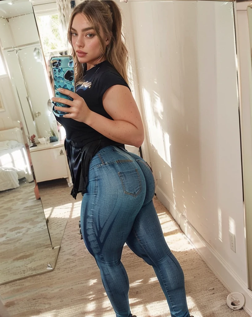 Margot Robbie in tight blue pants taking a selfie in a mirror, thicc, thick thigs, beautiful thick female, thick, fit pic, fit curvy physique, toned derriere, very realistic, skinny waist and thick hips, tight attire, 🐎🍑, fitness model, thick thighs, fit girl, very very realistic, profile image, big booty, defined abs