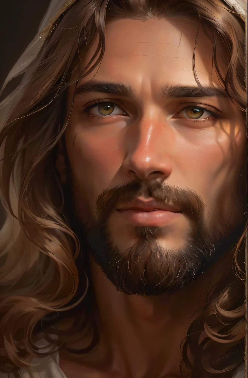 um close de um homem com cabelo comprido e barba, portrait of Jesus Cristo, rosto de jesus, Jesus Cristo, lindo impressionante realista, ultra detalhe. pintura digital, Jesus of Nazareth, gorgeous pintura digital, detailed pintura digital, ultra realistic pintura digital, realistic pintura digital, photorealistic pintura digital, pintado digitalmente, jesus, digital oil painting with airbrush, rosto realista detalhado com pele mais escura