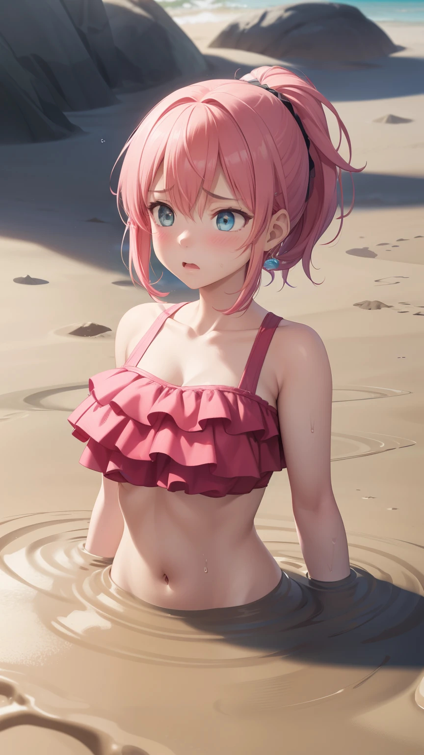 1girl, natural lighting, masterpiece, highly detailed, illustration, game CG, absurdres, high quality, aichan, large breasts, beautiful detailed eyes, short bright pink hair, ponytail, bangs, upset, scared, frilly two piece swimsuit, collarbone, beach, (quicksand:1.2)