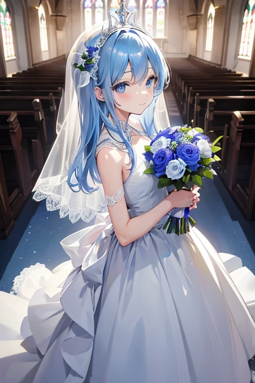 girl,looking back standing in the church,Blue eyes, big eyes,droopy eyes, With blue flower corsage ,Slender body,head shot,from above, White long hair,{{{{{detailed face}}}}}, photorealistic, detailed body, ultra-detailed, best quality,berline wedding dress,wedding veil,holding a bouquet of flower,smile