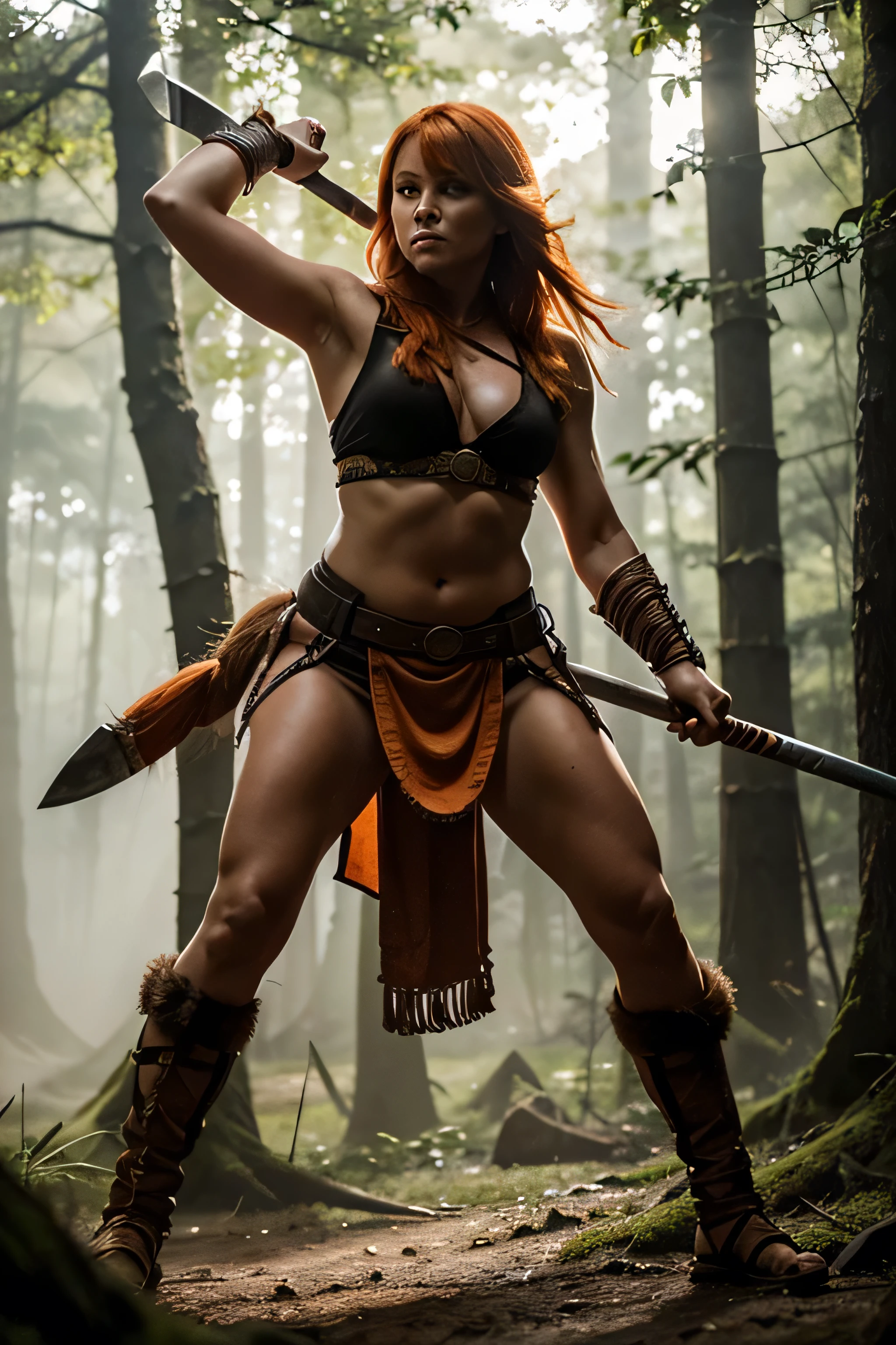 A full body of an acient barbarian orange-haired female warrior fighting in big forest against barbarians