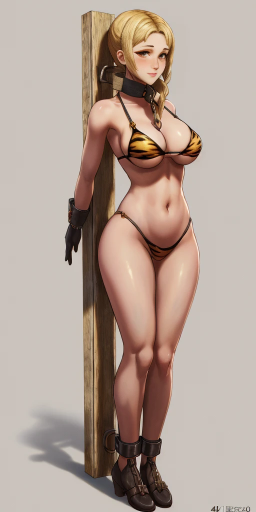 ((Masterpiece, 4k, plain background:1.2)) (handuffed behind her back)) Forrest FIRE EMBLEM full body standing straight symmetrical, standing chained pole bondage sex slave, yellow tiger bikini print, happy closed mouth red cheeks