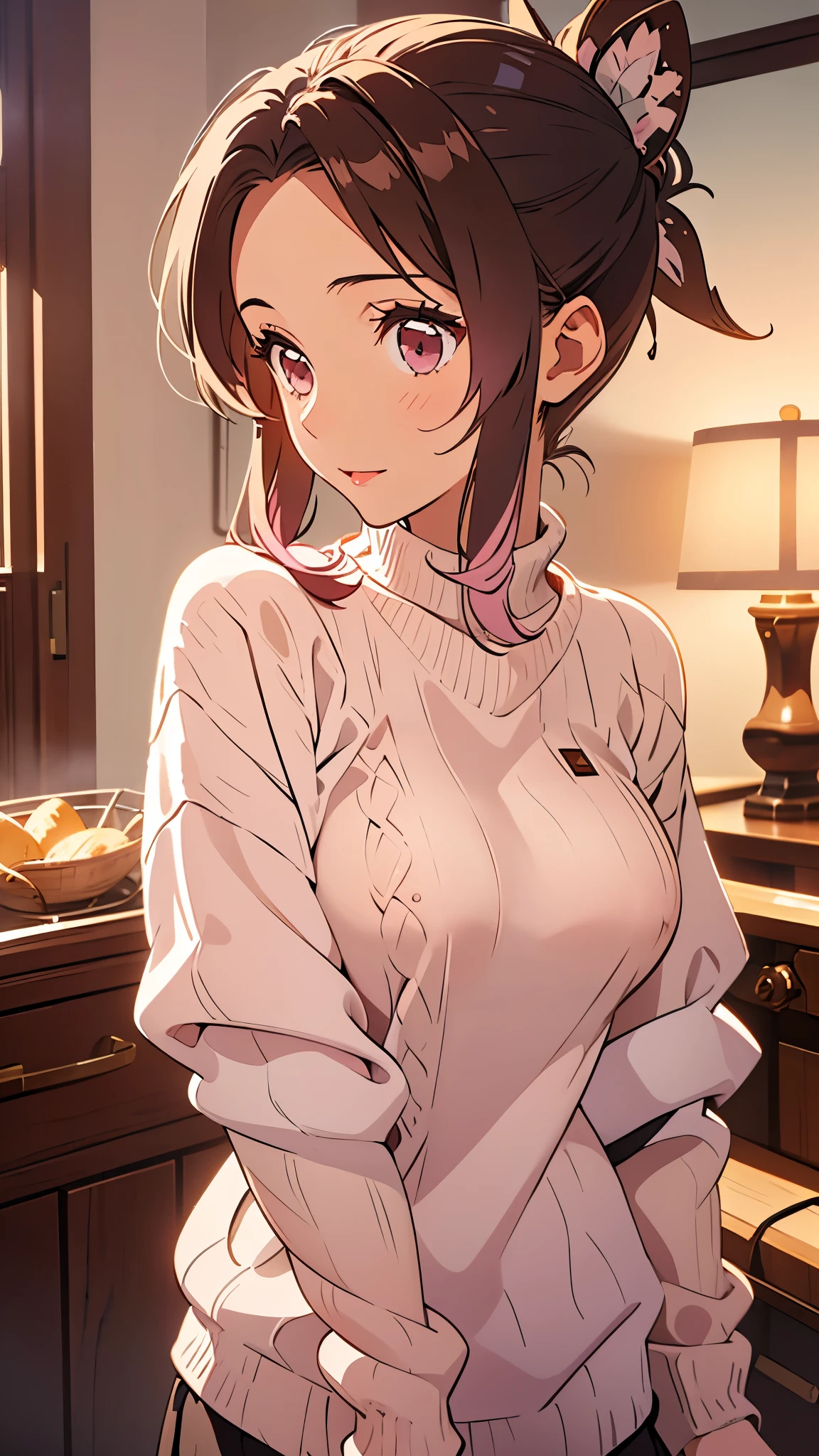 Girl, long brown hair, brown eyes, smooth sharp features, white skin, pink lips, beautiful, ponytail, sweater