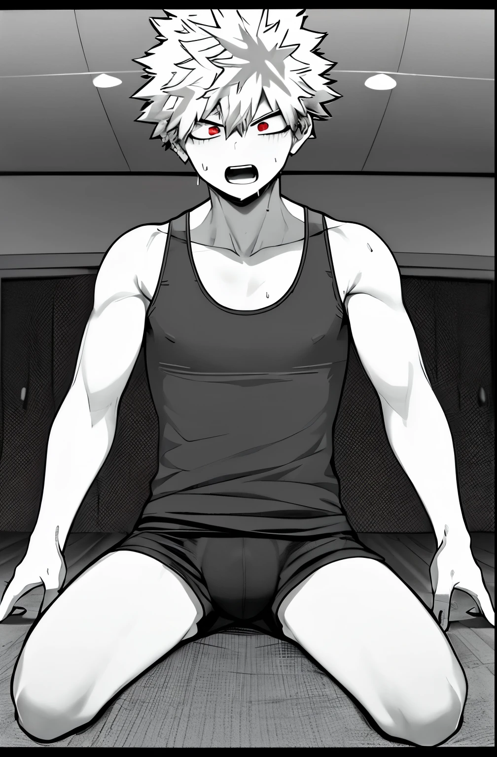 horikoshi kouhei, 1boy, absurdres, bakugou katsuki, bare shoulders, black tank top, blonde hair, blurry, blurry background, boku no hero academia, chama kou, highres, looking away, male feet, muscular, muscular male, open mouth, red eyes, short hair, spiked hair, sweat, tank top, username, wiping sweat, full body sit on floor macro growth size reaching the ceiling inside a house bulge