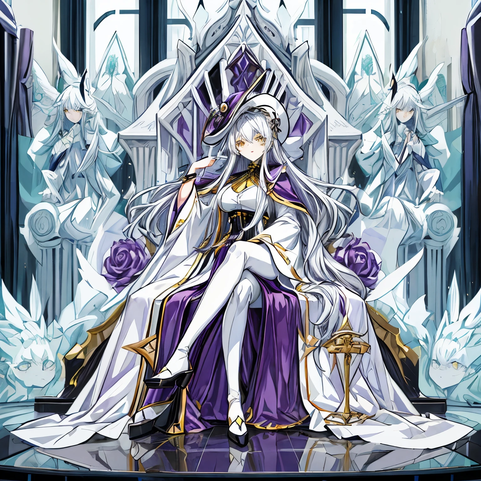 One Woman、young、Silver Hair、Long Hair、Yellow Eyes、Very large breasts、Wizard、White clothes、Purple Robe、Black Cape、Wear a pointed hat、Sit on a chair、Full body portrait、Study