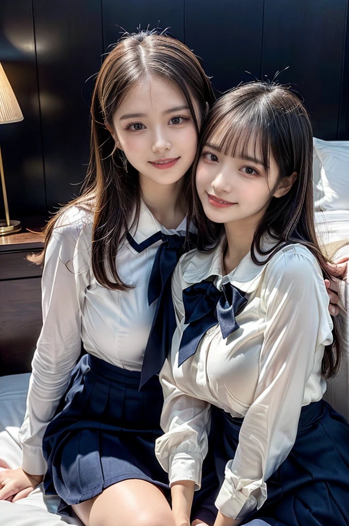 ((Four schoolgirls sitting on bed,Sit across from me,Look at me affectionately fascinated、Enraptured look,Trance,Everyone sees the camera perfectly,1 beautiful girl who is half Spanish,a blond,Brown hair,A dark-haired,photoRealstic,Luxury hotel bed taken from the lap,Same uniform,japanese,4 schoolgirls,Play with each other,Touching each other's bodies,Touching the body of the girl next door,4 Close contact,Very hilarious pose)),(Navy blue skirt in a sailor suit、Red ribbon and white shirt,Same ,large full breasts,very huge round breasts,Beautiful makeup,glitter makeup,Cutest 18 years old)),((Realistic lighting,during daytime,The background is a luxury hotel room,A detailed face,perfect teeth,White teeth,finerly detailed face,Beautiful face,an ecstatic look on one's face,Perfect fingers,Accurate 5 fingers,high-definition RAW color photography, professional photograpy, extremely delicate and beautiful, Extremely detailed,finely detail, Huge file size,Top image quality,8K))