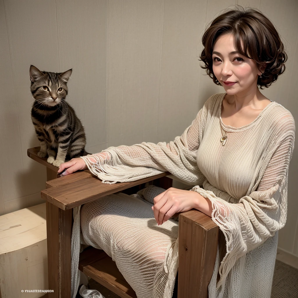 ((highest quality)), ((masterpiece)), (be familiar with), Perfect Face, Mature Woman, 50 years old, Japanese,  After a, (Cum in mouth), (Open your mouth), Big Breasts, Large areola, Erect nipples, Round Small face, Big Nose, Slit eyes, Cat-like eyes, , Big Ass, Full body image, Tank top, Thin fabric hot pants,bra, Wavy Short Hair,