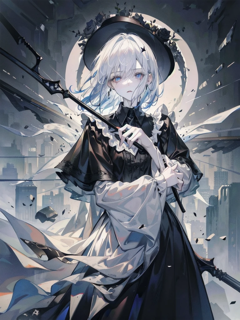 grim reaper, black scythe, absurdres, RAW photo, extremely delicate and beautiful, masterpiece, Best Quality, ultra high resolution, 32k, hyperrealistic, ultra-detailed, detailed description, pale skin, 20 years old, tearful mole, earring, short medium hair, wavy hair, whole body shot,