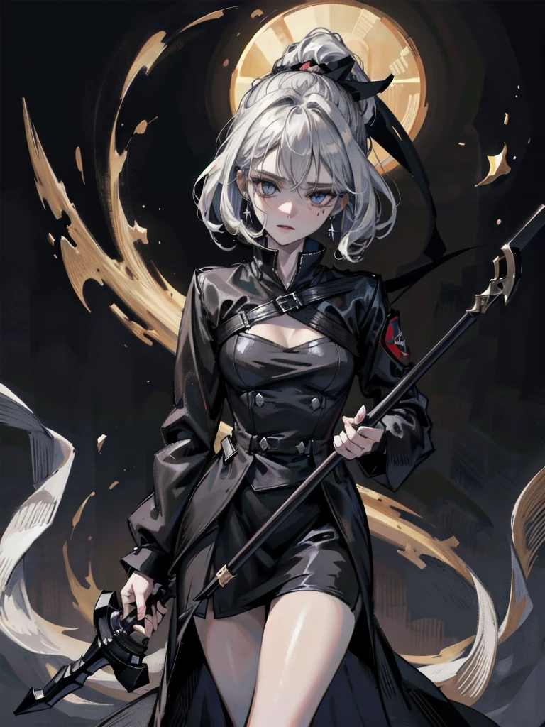 grim reaper, black scythe, absurdres, RAW photo, extremely delicate and beautiful, masterpiece, Best Quality, ultra high resolution, 32k, hyperrealistic, ultra-detailed, detailed description, pale skin, 20 years old, tearful mole, earring, short medium hair, wavy hair, whole body shot,