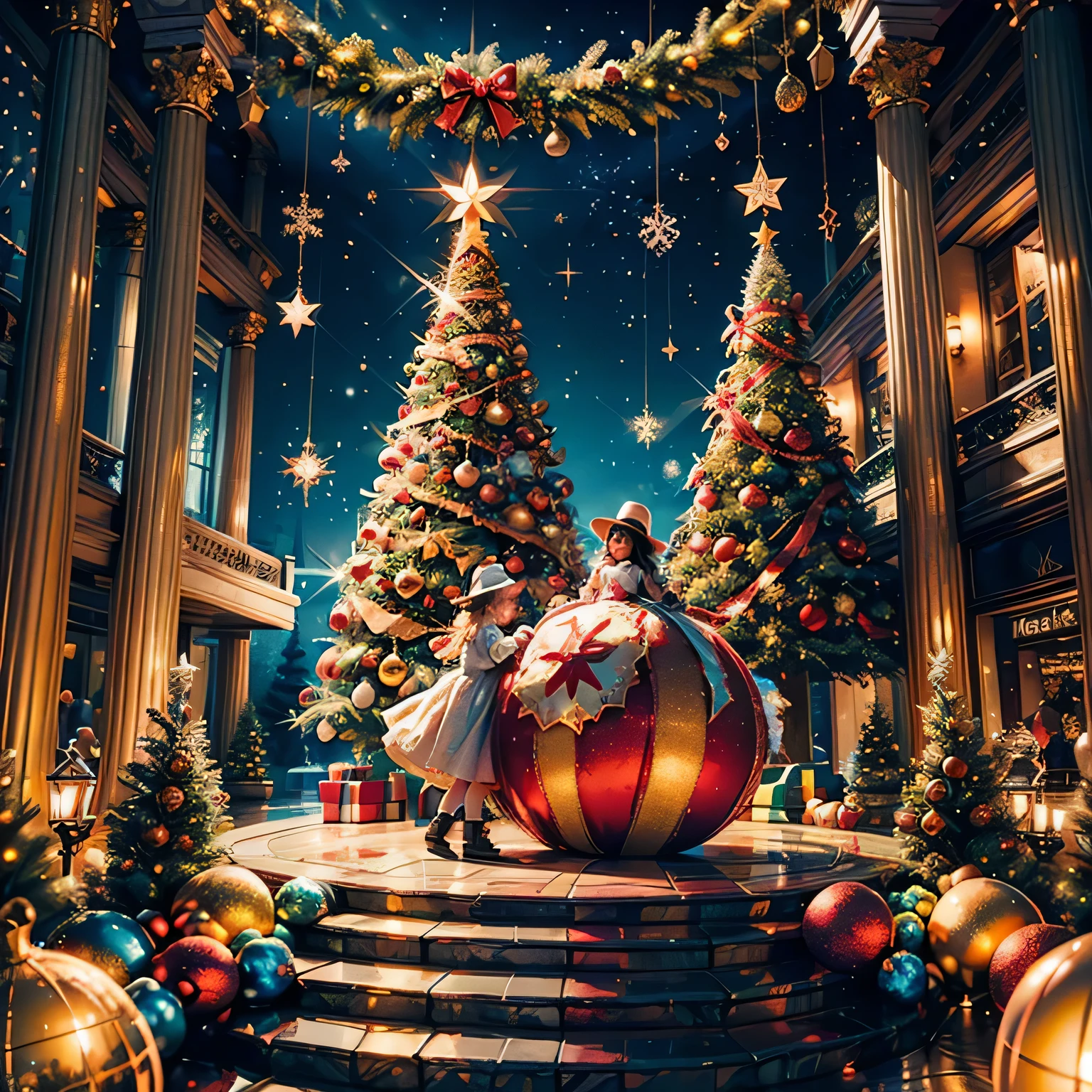 (((Vector illustration style))),Bright colors彩, Magical atmosphere, Whimsical, Sparkling, fantasy christmas world,Vivid colors, Bright colors, Magical atmosphere, Whimsical, Sparkling,fantasy christmas world,Inside the Christmas mall,A huge Christmas tree was decorated with illuminations、Pom-pom、Christmas socks,christmas pendant,pile of presents under the tree。Young couple admiring Christmas decorations at a shopping mall,Surrounded by performers in Santa Claus costumes and Santa Claus statues。Christmas mall like a fairy tale world,full of magic, (Colors like Ghibli, throw, First Person View, Accurate, Anatomically correct, Super detailed, Attention to detail, high quality, Awards, 最high quality) 🎈🍦🍹❤🔆🕡(😘👩🎀👗⚜👒🥿👡🩲💅)🎪🎢🎡🎠 Ultra_high-def Ultra_Photo-realistic optimal Ultra_high-quality opengl-shaders Ultra_high-details Accurate reflex Ultra_High Resolution Perfect Volume Lightening Improved Octane_render uhd xt3 dslr hdr 3dcg shadow analog ecstatic symmetrical beholder sundrop cinematic_Sunlight UnrealEngine5 Masterpiece Deep Path Equirectangular_360 Various Multis etc.. --s 1000 --c 20 --q 20 --chaos 100