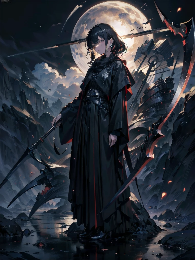 grim reaper, black scythe, absurdres, RAW photo, extremely delicate and beautiful, masterpiece, Best Quality, ultra high resolution, 32k, hyperrealistic, ultra-detailed, detailed description, pale skin, 20 years old, tearful mole, earring, short medium hair, wavy hair, whole body shot,