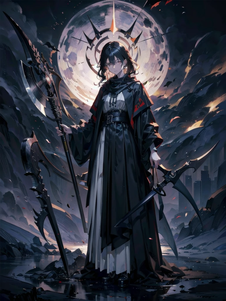 grim reaper, black scythe, absurdres, RAW photo, extremely delicate and beautiful, masterpiece, Best Quality, ultra high resolution, 32k, hyperrealistic, ultra-detailed, detailed description, pale skin, 20 years old, tearful mole, earring, short medium hair, wavy hair, whole body shot,