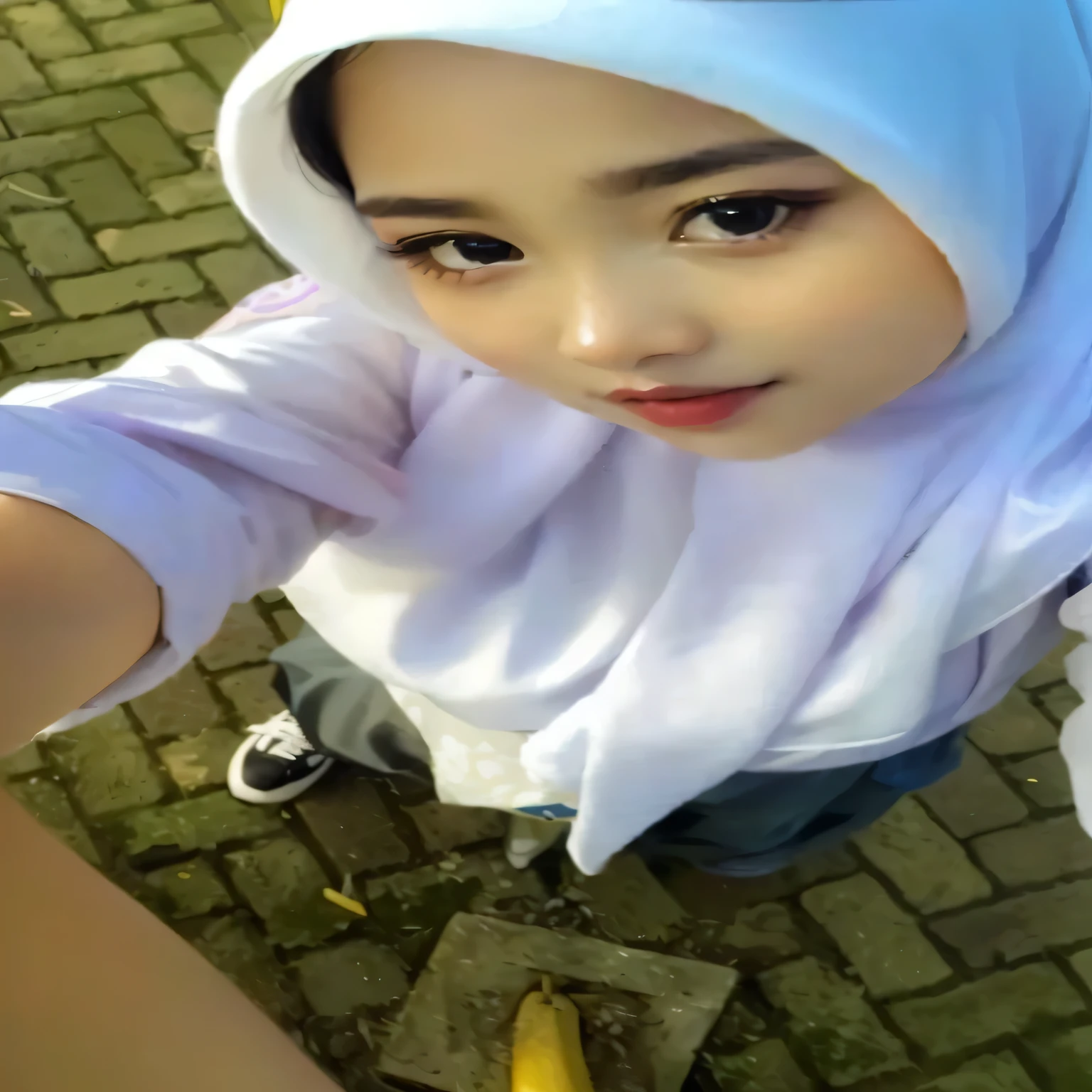 there is a young girl wearing a white hijab and a banana, ulzzang, ruan cute vtuber, white hijab, wan adorable korean face, korean girl, profile pic, lalisa manobal, beautiful cute, cosplayer, she has a cute face, hijab, with lovely look, aesthetic!!!!!! female genie, bbwchan, cute beautiful