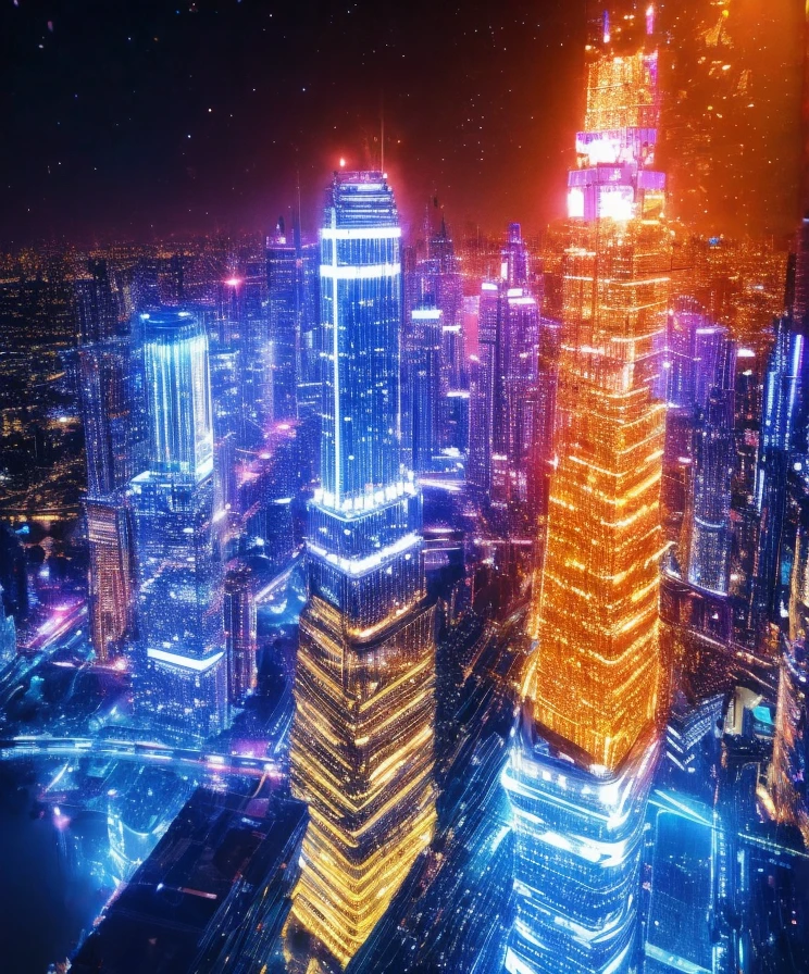 Gorgeous atmosphere、 Night view from a high place、Drawing a large number of skyscrapers, You can look up at the starry sky、The neon lights shine brilliantly in white and gold.、