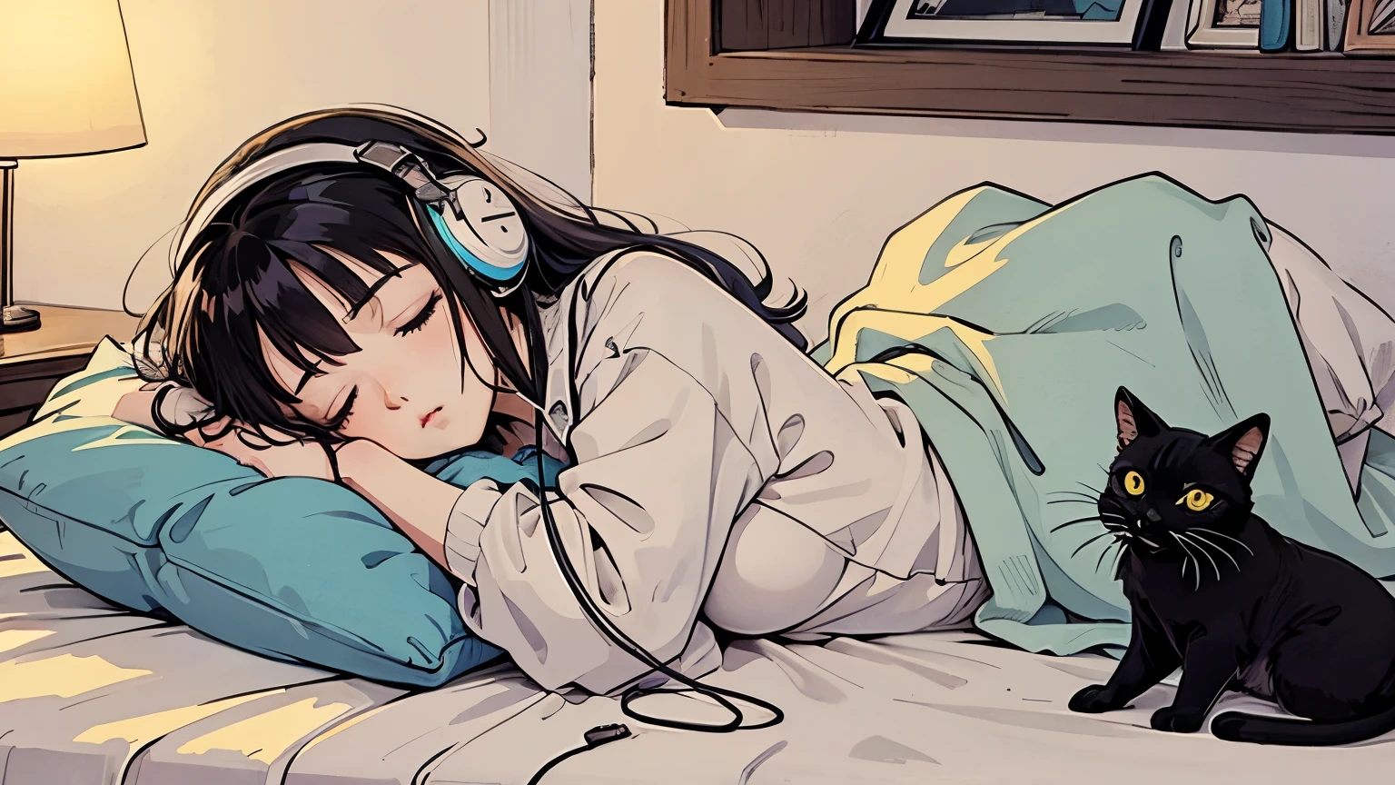 1 girl, 90s anime style, night, star, City apartment bedroom、Sleeping girl with headphones on, late night , Listening to music alone,Black Cat City Pop, high quality, Detailed face、Sleeping under a blanket、It's in the quilt、 Half-read book、Books placed messily、綺麗なnight景、Lo-Fi, Chill, late night,都会のnight景、Girl sleeping in bed、Foliage plant、 futuristic night view outside the window,