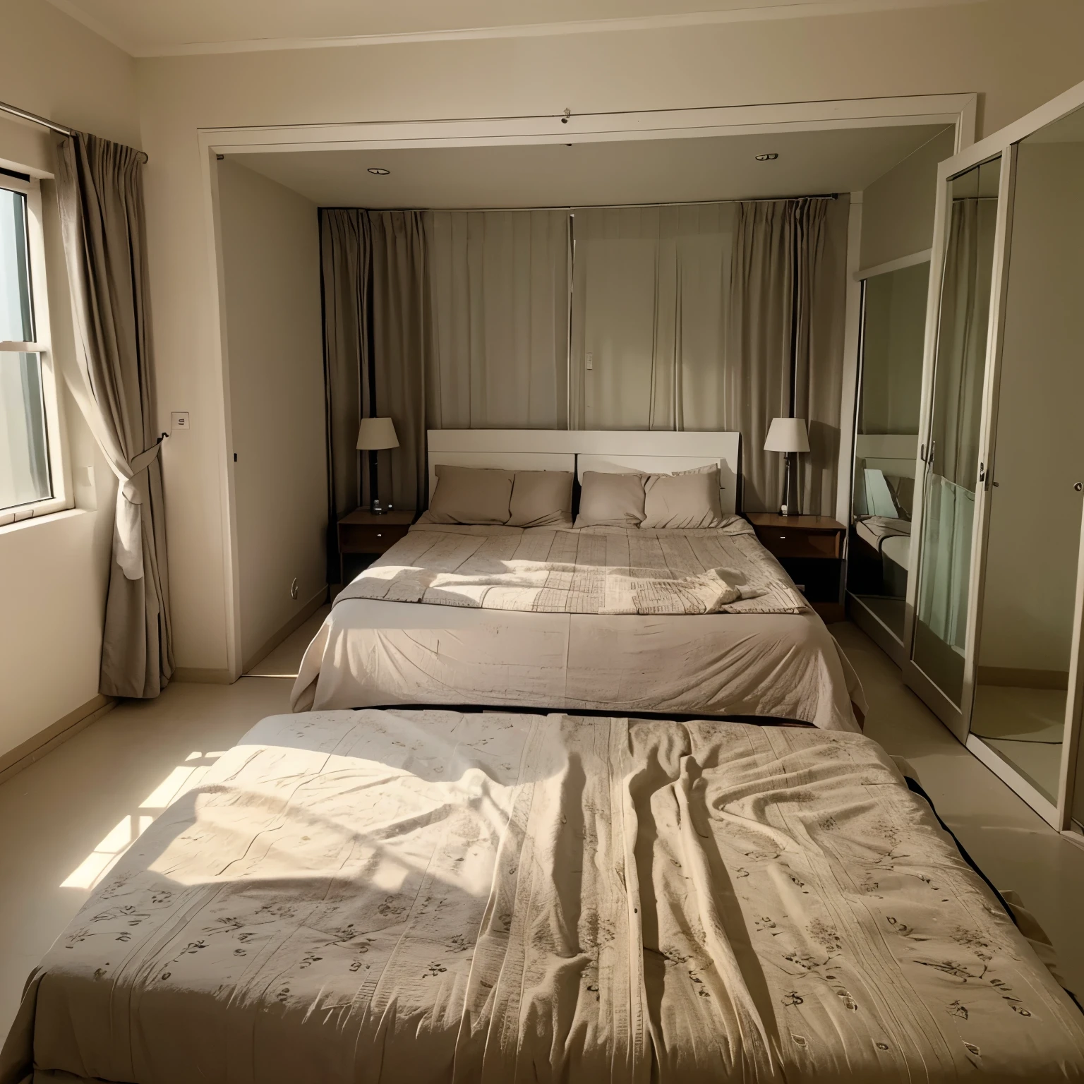 Bedroom, king size bed, wardrobe, dressing table, 2 chairs, table, sofa, AC, window, curtain