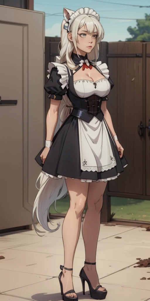 Roxanne dog fluffy ears Female, standing, straight, long_hair, messy_hair, white_hair, maid with armor, metal high heels