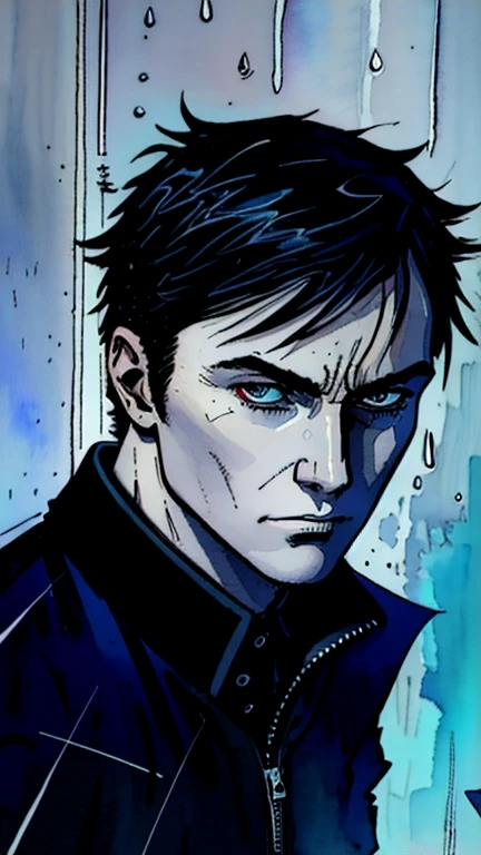 man with anxiety , panic, phobie , watercolour, line art style,sad expression,dark background,illustration style,vibrant colors,dark color tones,dark best quality, ((detailed face)), ((award winning)), (High Detail), Sharp,  weather, night, rain, dark background