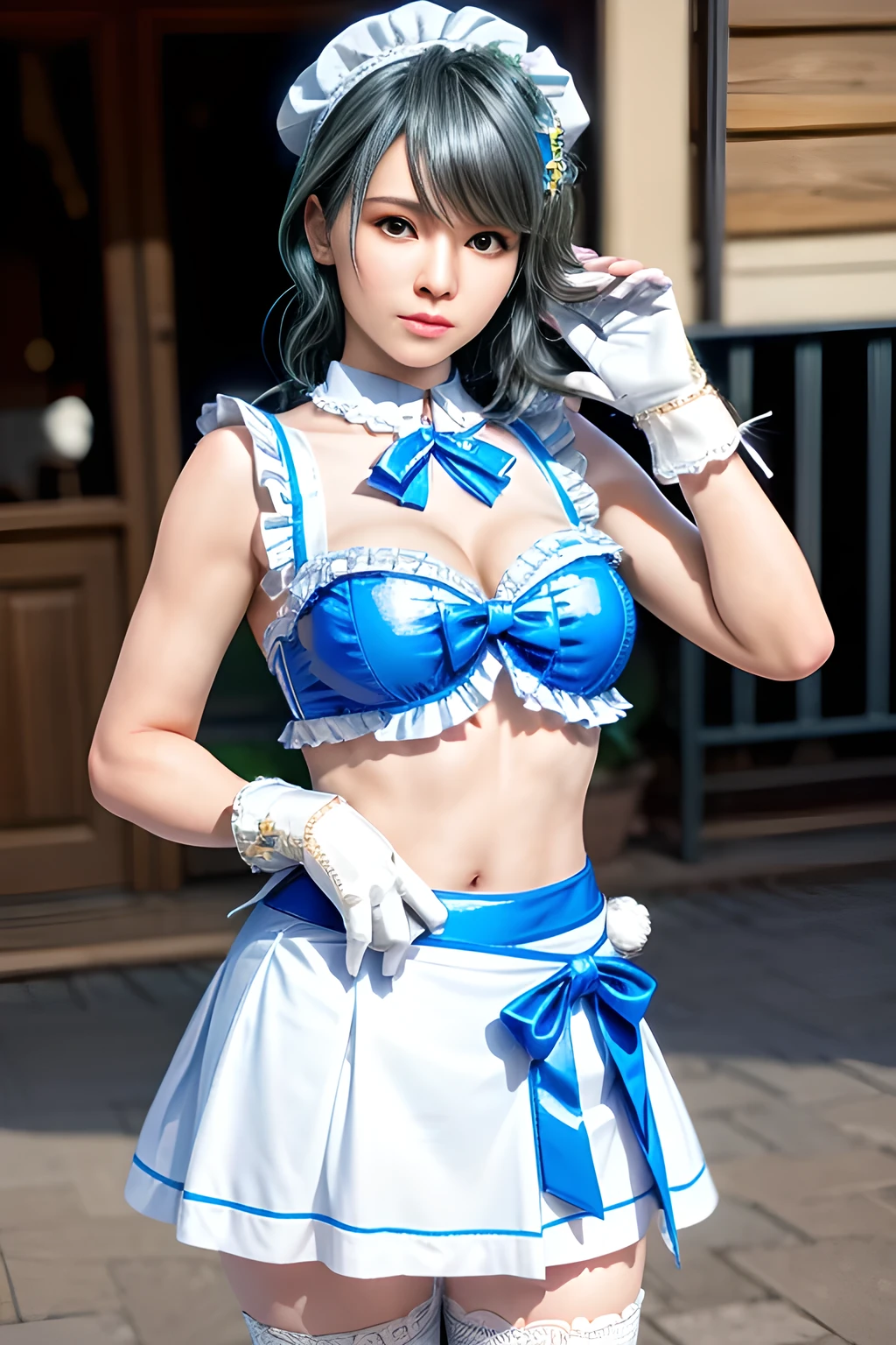 1girl, BREAK (white and black theme:1.4), (fusion of (sleeveless white high neck and collared [crop top]) and (black puff sleeves):1.4), (white tops and black short sleeves:1.2), (wearing a white half apron over a black skirt:1.4), (waist cincher:1.3), (white half apron), ((white maid head-band with ruffles on head, white brim on head):1.3), (white thigh high stockings:1.4), ((white arm warmers, white long glove):1.3), BREAK (light-blue theme:1.2), (light-blue lines on skirt:1.3), (light-blue ribbon bow:1.3),  , appealing cleavage,( beautiful tattoo:1.2), overhead view, beautiful detailed eyes, beautiful detailed lips, extremely detailed eyes and face, long eyelashes, feminine charm, detailed texture, snug fit, fashionable, soft fabric, radiant skin, (best quality,4k,8k,highres,masterpiece:1.2), ultra-detailed, (realistic,photorealistic,photo-realistic:1.37), tamaki