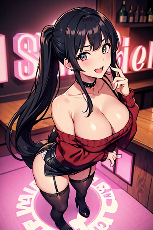 (from above:1.1),(from front:0.9), ((Face)), (Close-Up:0.4), masterpiece,"A 22-year-old girl stands at a bar counter. She is dressed in a stylish off-shoulder dress, sweater dress, off-shoulder sweater, red sweater,garter stocking, cleavage:1.1, black shorts, black thighhighs, thigh strap, pretty girl, (highly detailed beautiful face and eyes,firm breasts),real skin,((black,hair,long pony tail hair)),thin pubic hair,cute and lovely pose, detailed eyes, This masterpiece is only visually stunning but also tells,(double breasted:0.6,under bust:0.6),(with sparkling eyes and a contagious smile),open mouth, The bar is beautiful, with colorful bottles of alcohol in the background and a soft glow from neon lights. The atmosphere is relaxed, and the girl looks confident and fashionable.",full body, sexy pose,make a cocktail , in a bar counter, Looking at Viewer,