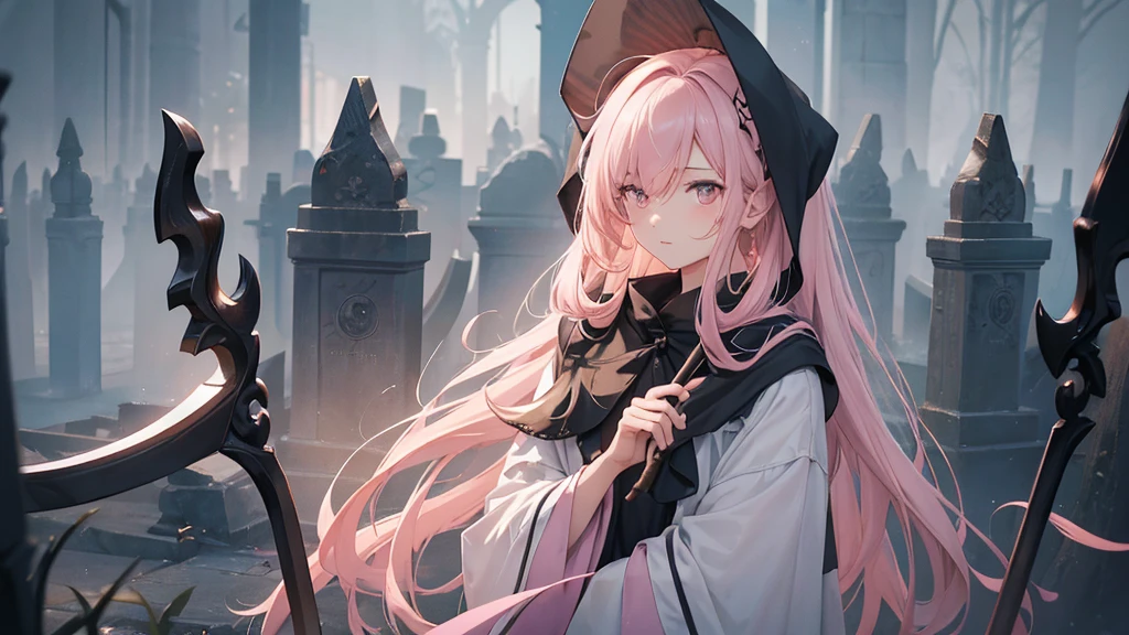 Female Grim Reaper protecting a pretty hooded girl surrounded by dark mist,Swinging a Scythe,Emerging from the swirling shadows.Standing in the Graveyard of Forgotten Souls.(Light brown and light pink striped hair:1.3,),Perfect Face,Proper body balance,Tabletop,Ultra-high quality output images,超A high resolution,Intricate details,Very delicate and beautiful hair,Like the picture,dream-like,Professional Lighting,Realistic Shadows,Focus Only,Beautiful Hands,Beautiful fingers,Detailed characteristics of the fingers,Detailed clothing features,Detailed hair features,Detailed facial features,