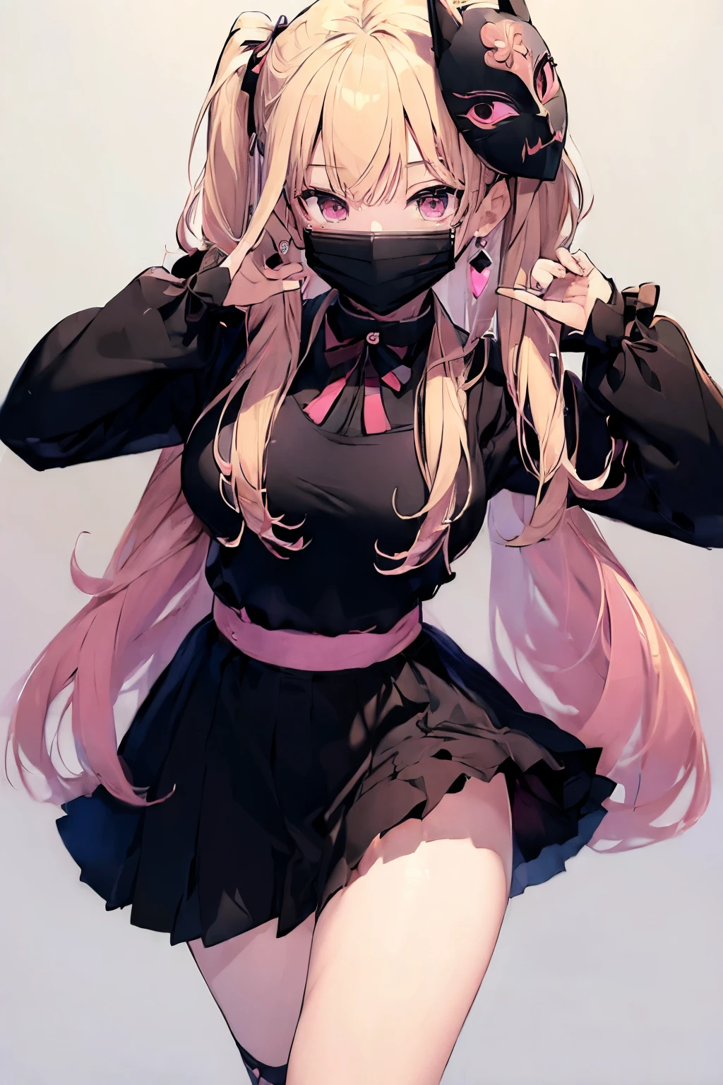 ((masterpiece, Highest_quality:1.8)),16k,Ultra-high resolution,alone,Super detailed, Detailed face,Fine grain,Very cute and beautiful girl ,Narrow waist,Perfect beautiful eyes,Perfect pretty face:1 Beautiful woman with perfect figure:1.8,Thin legs,Beautiful feet,Detailed clothing,Casual Dresses,hugeな_chest:.1.8,huge_chest:.1.8,huge_tits:.1.8,hugeな_tits:.1.8,hugeな_:1.8,Japanese Girls,Images must be in a hyper-animated style, Dynamic pose,Avant-garde,jirai keir,((black mouth mask))
One girl,alone,Blonde Hair,Twin tails,Long Hair,Pink inner hair,black ribbon,Black Skirt,ear Earrings,Frills,Pale pink eyes,heart,jewelry,jirai kei,Long sleeve,Earrings,pink shirt,ribbon,shirt,shirt tucked in,Simple Background,Cowboy Shot,Highest quality,high quality,masterpiece