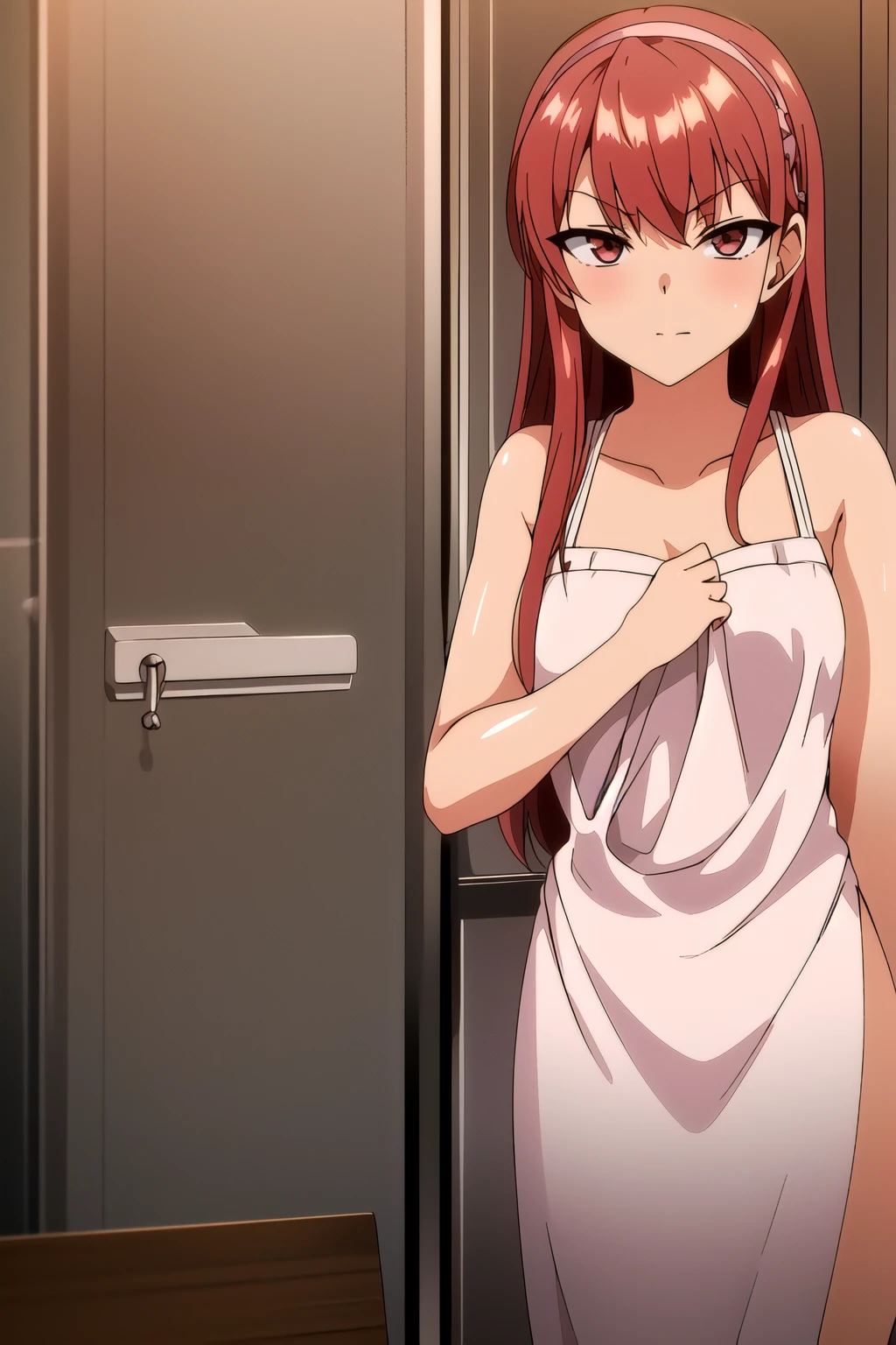 1girl, solo, nsfw, riko sakurauchi, long hair, hair ornament, (yellow eyes:1.3), red hair, hairclip, empty eyes, large breasts, nipple, Hospital, frozen, (Sweating profusely, Love juice, Wet Woman, female ejaculation), , crying, Naked, (1girl) Peeing, lactation, projectile lactation