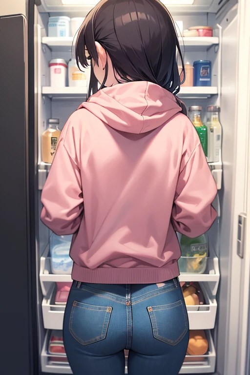 mitsuzuri, hoodie, pink hoodie, jeans,
One girl, alone, From behind, refrigerator