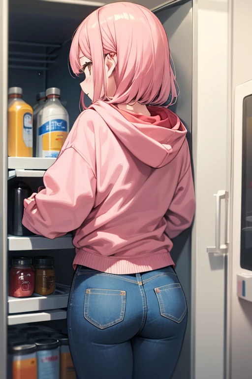 mitsuzuri, hoodie, pink hoodie, jeans,
One girl, alone, From behind, refrigerator