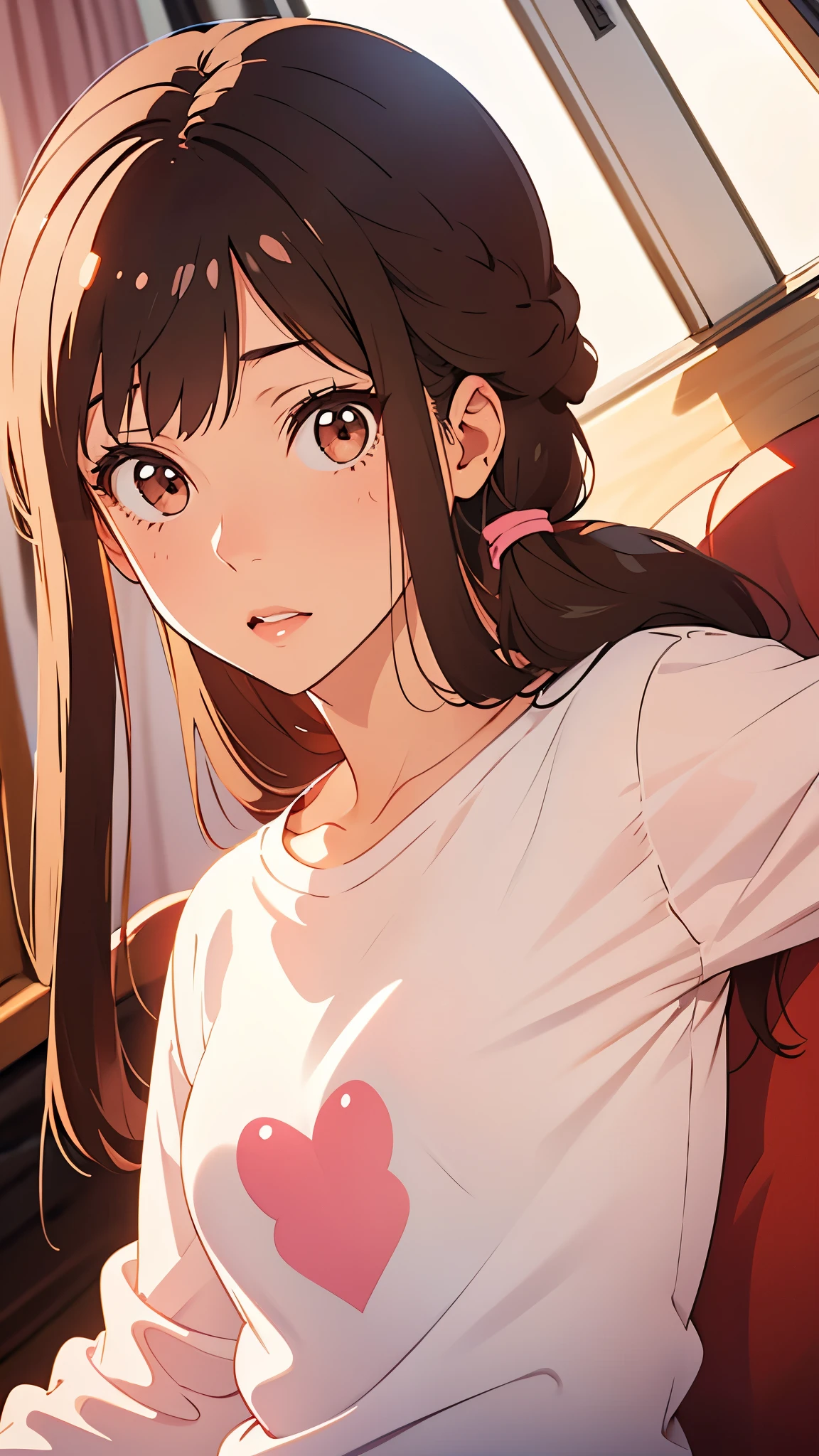Girl, long brown hair, brown eyes, sharp features, white skin, pink lips, beautiful, t-shirt, sweater