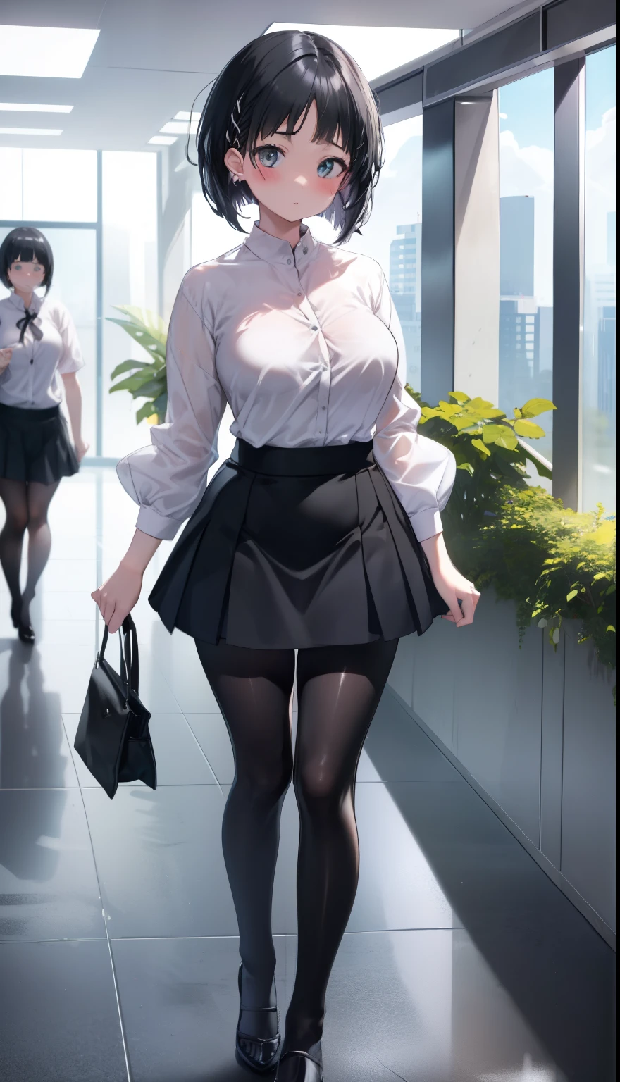 One Girl、positive、Standing posture、Full body portrait、Black Hair、Medium Haircut、blush、Absolute area、Black knee-high socks、Knee-length、stockings、Black Pantyhose、White underwear、Light blue shirt、Blue-gray business suit、Grey tight mini skirt、Japanese office lady、Summer clothes、classroom、Stand on the podium、Daytime、(Very large breasts)、Cleavage、open chest shirt、Unbutton your shirt、((Lesbians around the world))、masterpiece、(highest quality)、
Panties around the ankles、Black high heels、Shirt buttons fly off