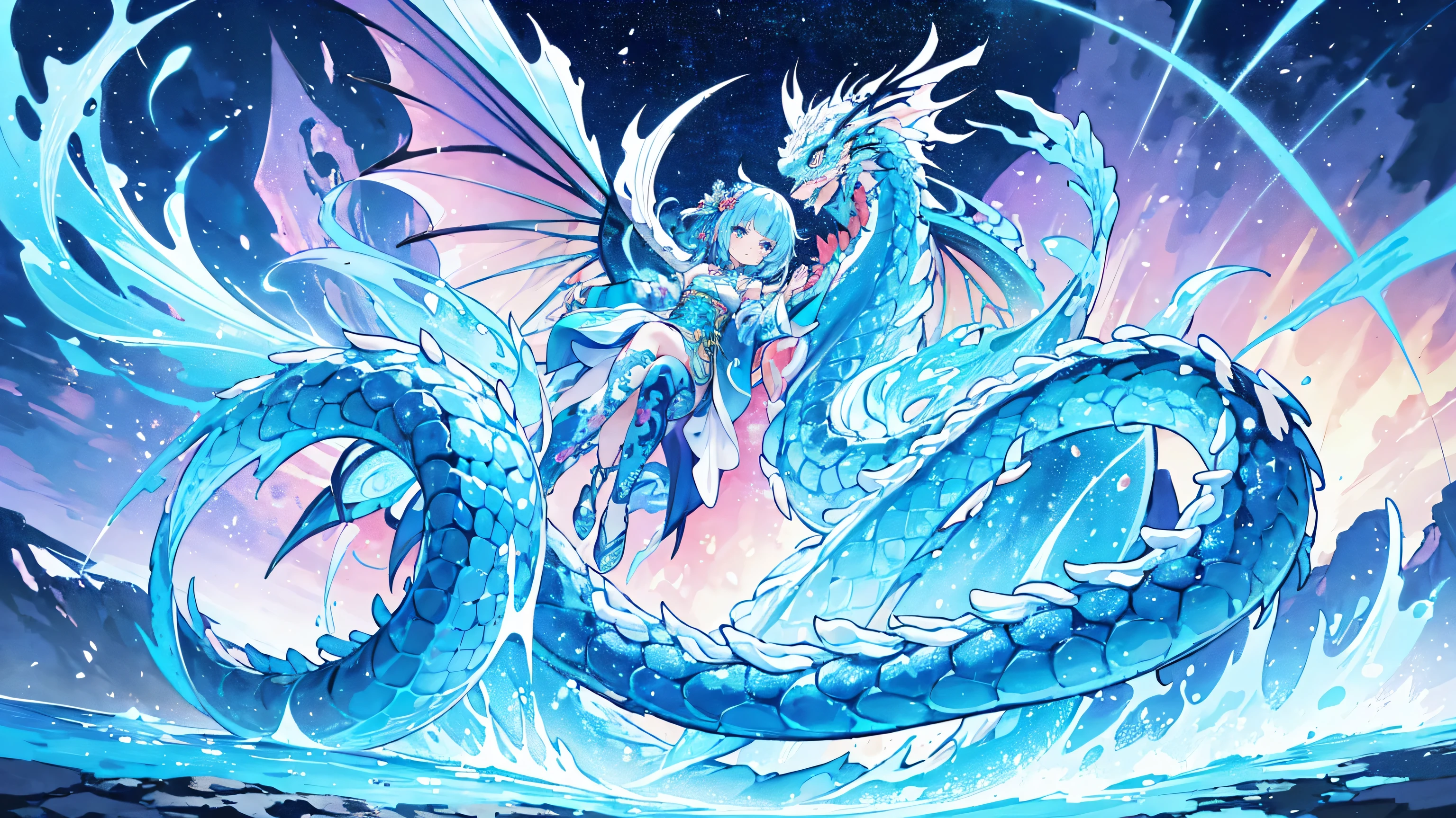 *8K masterpiece, highest quality, highest quality, Official Art, (Beauty and aesthetics: 1.3), Very detailed, (Fractal Art: 1.3), colorful, Ice and Chinese dragon, Serpentine body, nail, cyan and 1 Woman, Hanwomen&#39;s Media, Hanfu, cyan,(12 years old),Naked,