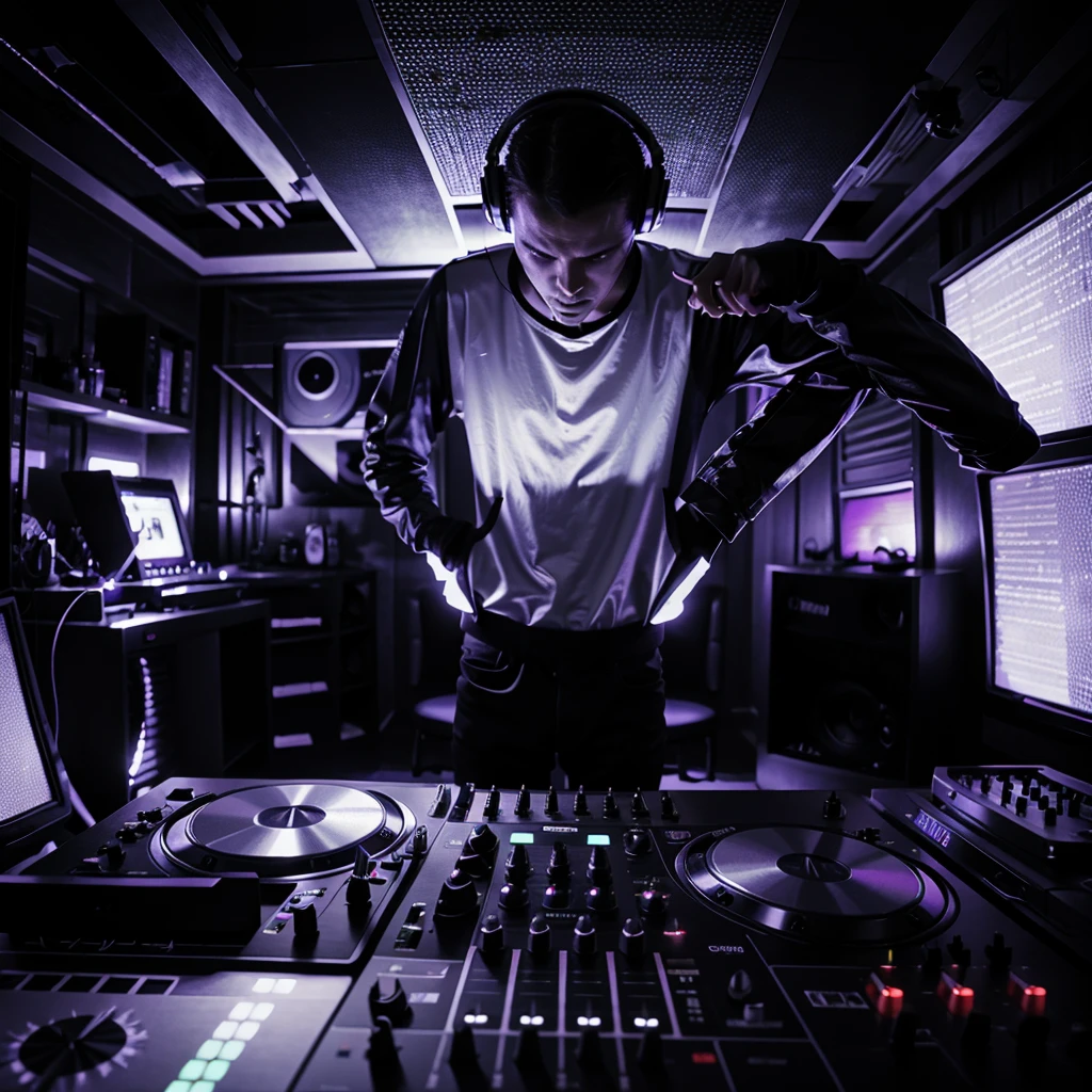 Alien DJ with headphones and mixer
