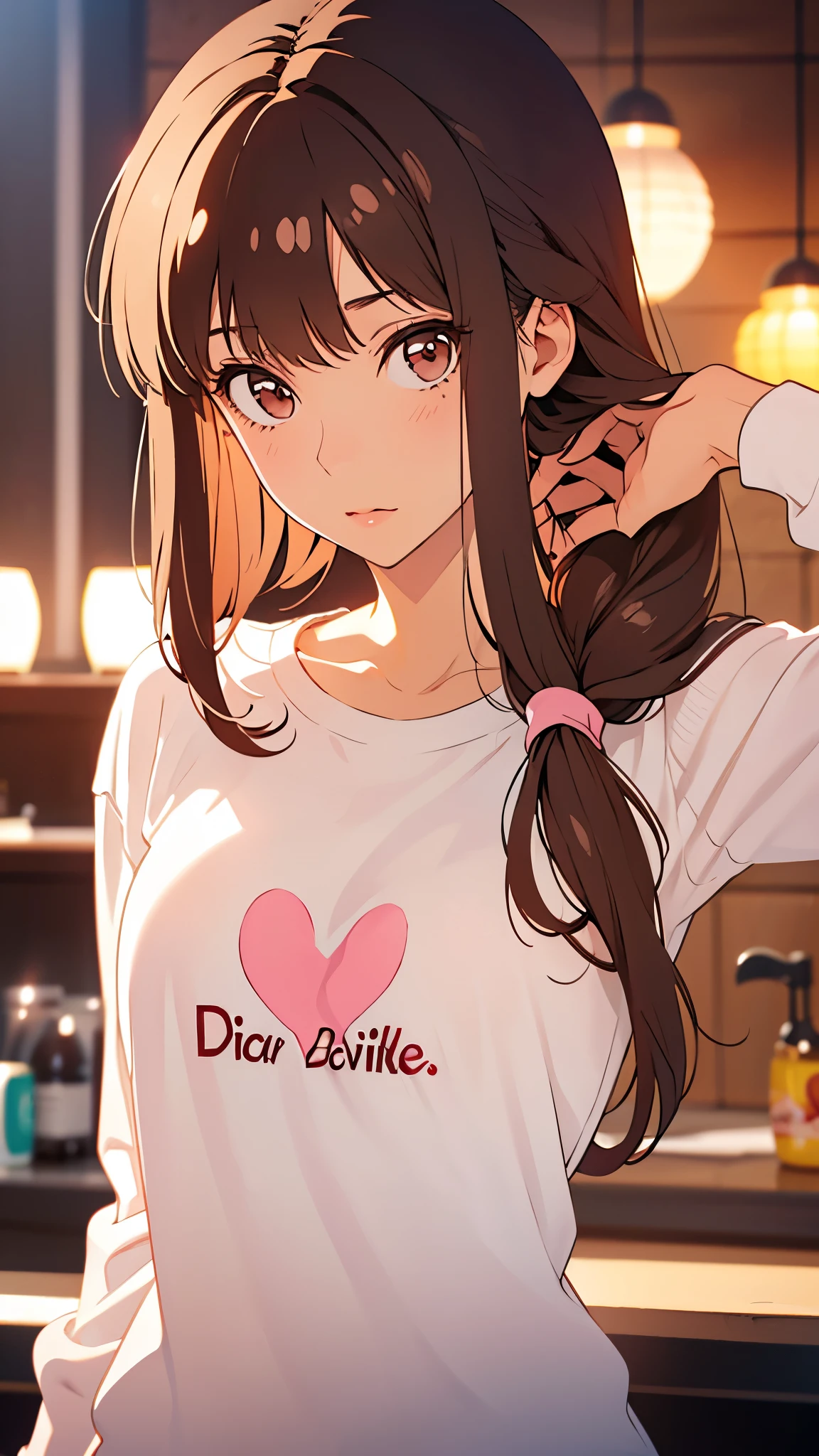 Girl, long brown hair, brown eyes, sharp features, white skin, pink lips, beautiful, t-shirt, sweater