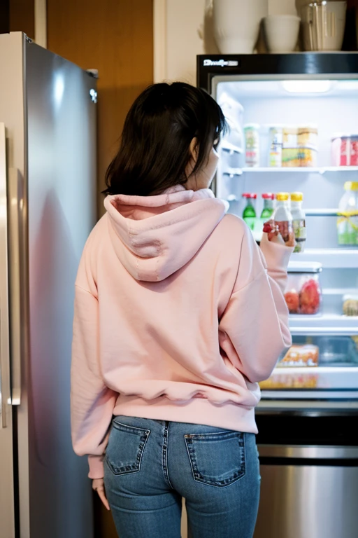 mitsuzuri, hoodie, pink hoodie, jeans,
One girl, alone, From behind, refrigerator