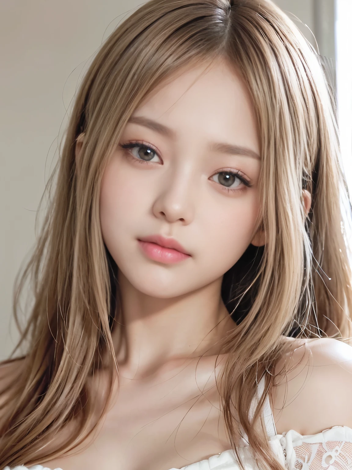 1female, stunning cute and soft woman, 、fluffy pile fabric pajama , light pink and white attire, extremely detailed skin texture, intricate detailed, double eyelids, beautiful thin nose, (sharp focused:1.1), (glossy beige hair, medium straight hair ), clear skin, big eyes, flashing pupils, 、extra hd , masterpiece、(photorealistic:1.4)、close up shot