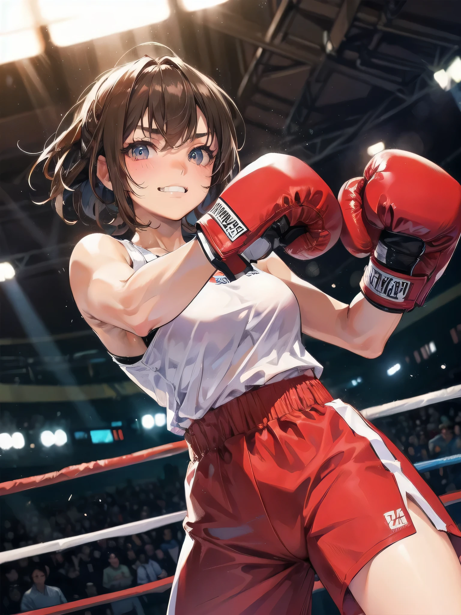 high quality,HD,16k,sharp lines,1 girl,Female boxing athlete ,cute face, large breasts, nice legs,At the boxing venue,focus girl,detailed beautiful face,detailed clothes,beautiful eyes,cool,dynamic angle