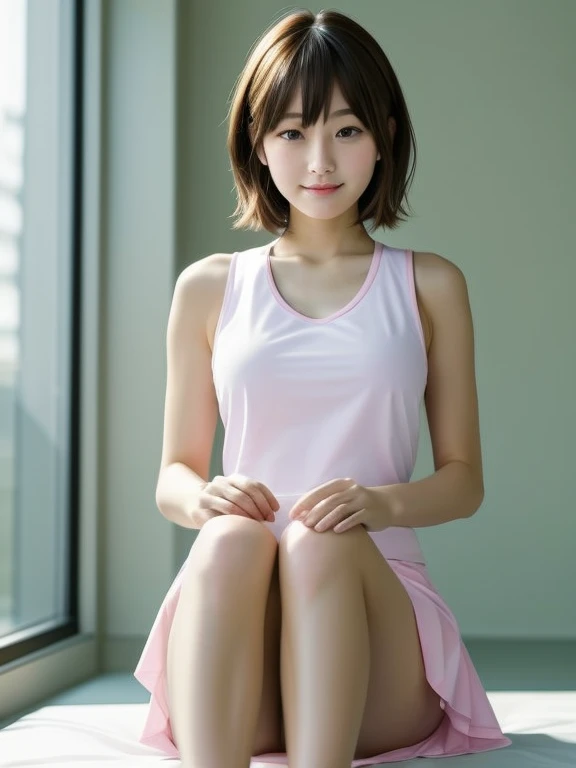 (((Small))),masterpiece, highest quality, High resolution, wallpaper, Realistic, Bright lighting, Professional Lighting, Face Light, Smooth lighting, Japanese Girls, ((Whole body 1.4)),Are standing, cute, smile, beautiful girl, gravure, sexy, so beautiful, Beautiful Skin, Beautiful and detailed、Detailed face、slim、Moderate, short hair, Blonde Hair, Brown Eyes, View your viewers,Tennis player costume,mini skirt,sit,(knee up:1.3),Pink Panties,Panty Shot,Small,Bare legs,