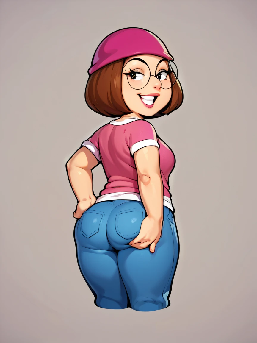 score_9_up,score_8_up,score_6,score_5,score_4,  meg, 1girl, glasses,brown hair,  solo, short hair, beanie, shirt, pink shirt, pants, round eyewear,looking at viewer, smile, toon \(style\),standing,simple background,hand on hip,     back view, ass, spread ass, ass focus, ass zoom in,