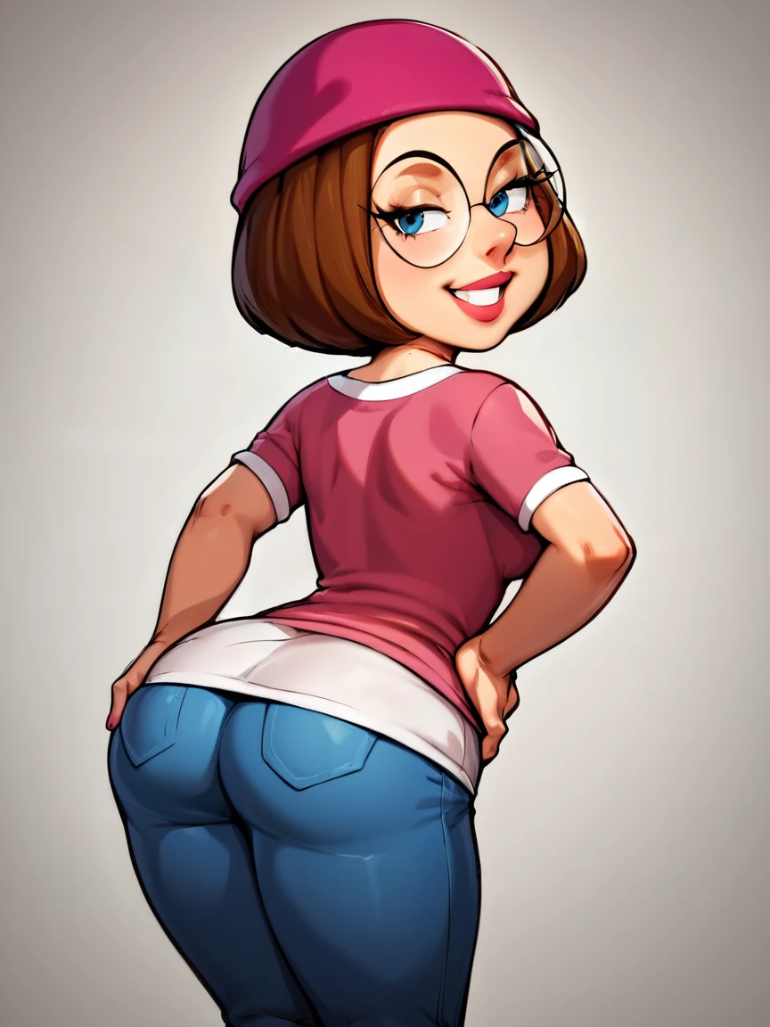score_9_up,score_8_up,score_6,score_5,score_4, meg, 1girl, glasses,brown hair, solo, short hair, beanie, shirt, pink shirt, pants, round eyewear,looking at viewer, smile, toon \(style\),standing,simple background,hand on hip, back view, ass, spread ass, ass focus, ass zoom in,